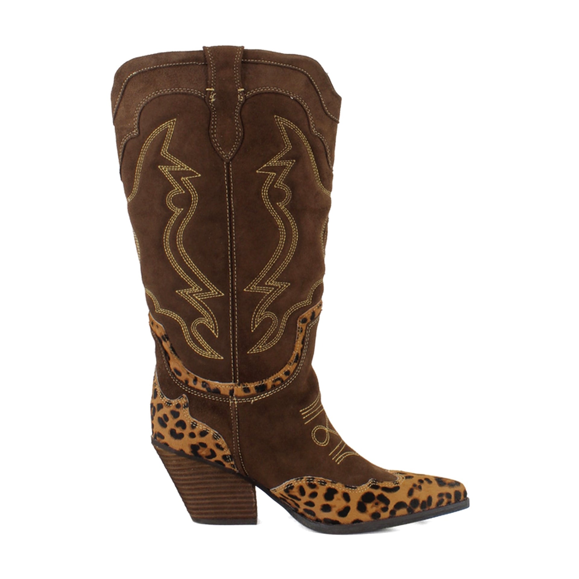 Chocolate/Tan Leopard Suede